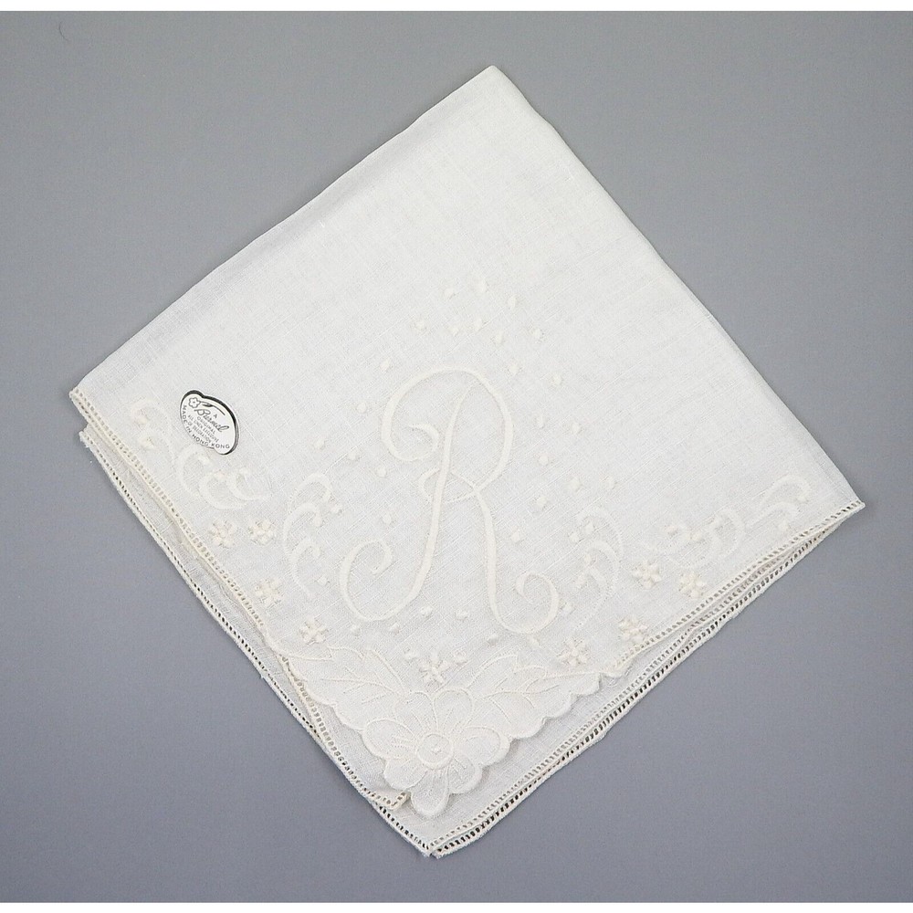 Burmel Original Off White Linen Monogram R Handkerchief Embroidered Floral